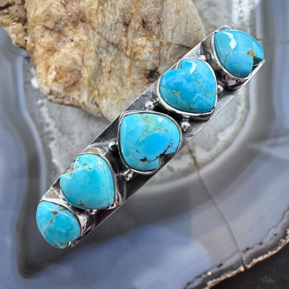 Sterling Southwestern Style 5 Blue Turquoise Heart Single Row Bracelet For Women